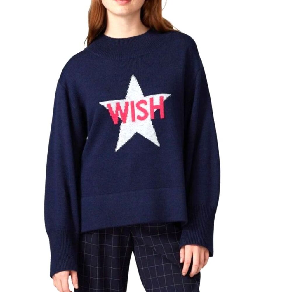 Victor Alfaro Womens Navy Mockneck Pink "WISH" Star Graphic LS Sweater Size S